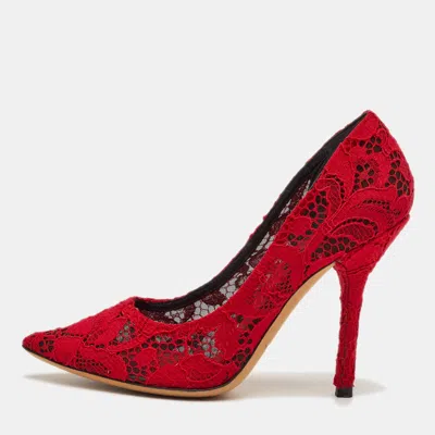 Pre-owned Dolce & Gabbana Size 36 Bright Red Bellucci Lace Pointed Toe Pumps