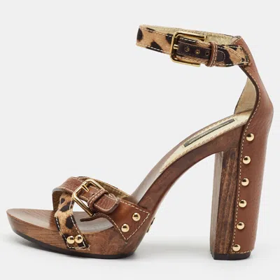Pre-owned Dolce & Gabbana Size 36 Brown/beige Leopard Print Canvas And Leather Ankle Strap Platform Sandals