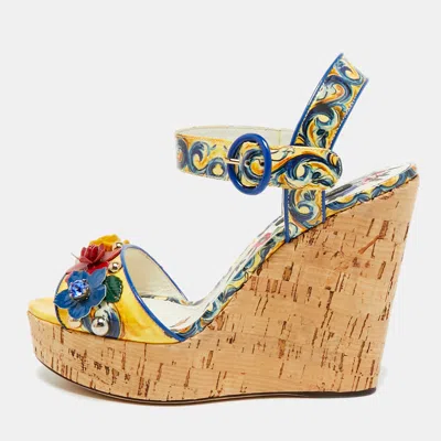 Pre-owned Dolce & Gabbana Size 36.5 Multicolor Patent Leather Cork Wedge Platform Ankle Strap Sandals
