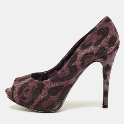 Pre-owned Dolce & Gabbana Size 36.5 Purple Leopard Print Denim Peep Toe Platform Pumps