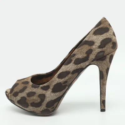 Pre-owned Dolce & Gabbana Size 37 Beige Leopard Print Denim Peep Toe Platform Pumps In Sand