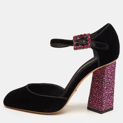 Pre-owned Dolce & Gabbana Size 37 Black Velvet Crystal Block Heel Mary Jane Pumps