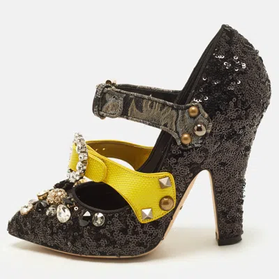 Pre-owned Dolce & Gabbana Size 37 Black/yellow Lizard Embossed Leather And Sequins Mary Jane Pumps