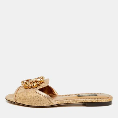 Pre-owned Dolce & Gabbana Size 37 Gold Brocade Fabric And Leather Dg Logo Flat Slides