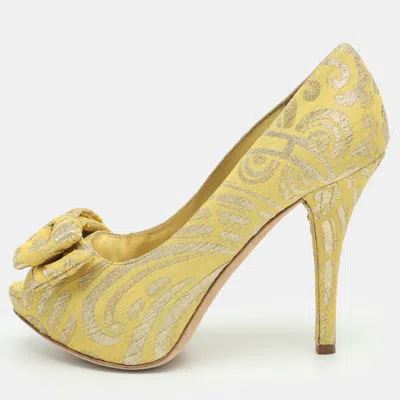 Pre-owned Dolce & Gabbana Size 37 Gold Brocade Fabric Peep Toe Platform Pumps