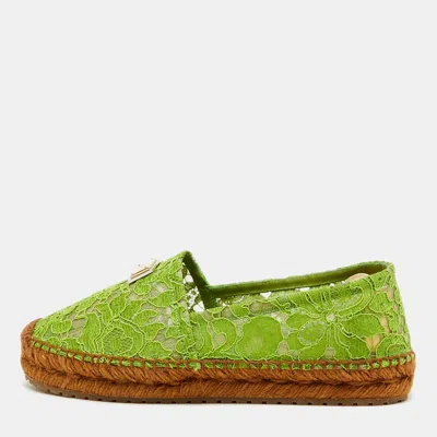 Pre-owned Dolce & Gabbana Size 37 Green Lace And Mesh Logo-plaque Espadrille Loafers