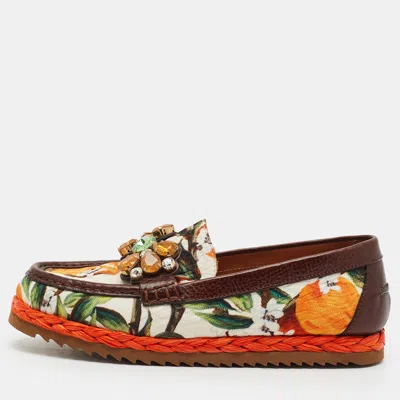 Pre-owned Dolce & Gabbana Size 37 Multicolor Brocade Fabric And Leather Crystal Embellished Loafers