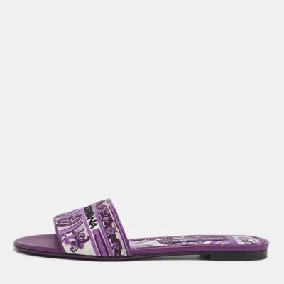 Pre-owned Dolce & Gabbana Size 37 Purple Brocade Fabric Flat Slides