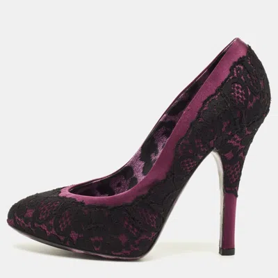 Pre-owned Dolce & Gabbana Size 37 Purple/black Lace And Satin Round Toe Pumps