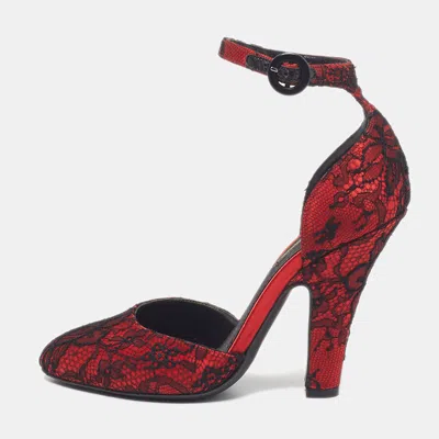 Pre-owned Dolce & Gabbana Size 37 Red Lace Ankle Strap Sandals