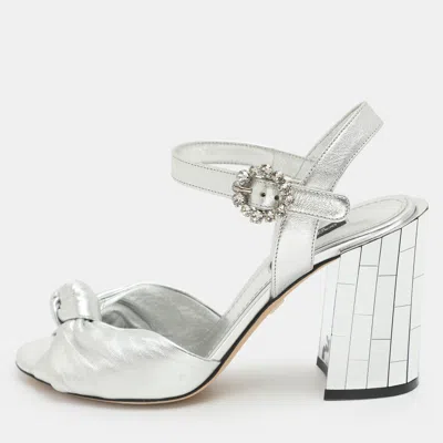 Pre-owned Dolce & Gabbana Size 37 Silver Foil Leather Mirror Heel Ankle Strap Sandals