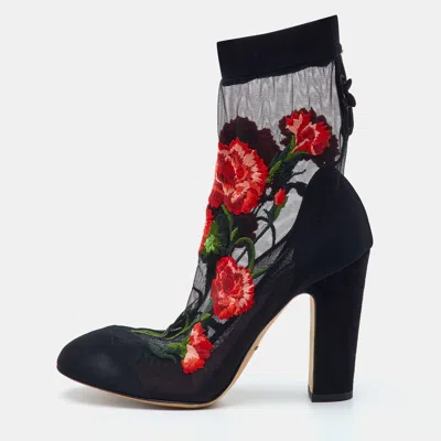Pre-owned Dolce & Gabbana Size 37.5 Black Mesh Floral Embroidered Ankle Length Boots