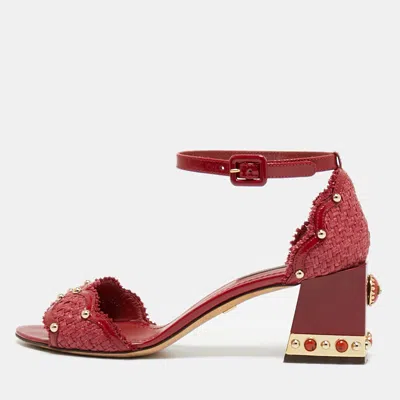 Pre-owned Dolce & Gabbana Size 37.5 Red Patent Leather And Straw Ankle Strap Block Heel Sandals