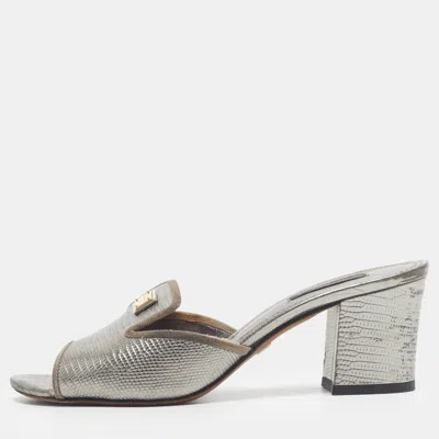 Pre-owned Dolce & Gabbana Size 37.5 Silver Lizard Embossed Leather Slide Sandals
