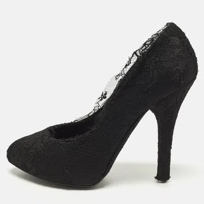 Pre-owned Dolce & Gabbana Size 38 Black Lace And Satin Round Teo Pumps