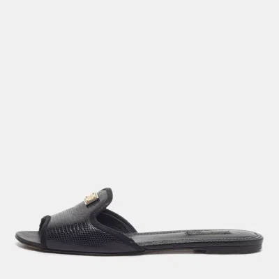 Pre-owned Dolce & Gabbana Size 38 Black Lizard Embossed Leather Flat Slides