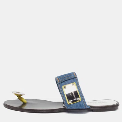 Pre-owned Dolce & Gabbana Size 38 Blue/silver Denim And Metal Thong Flat Slide