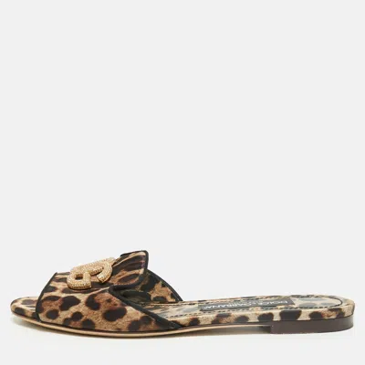 Pre-owned Dolce & Gabbana Size 38 Brown Leopard Print Satin Flat Slides