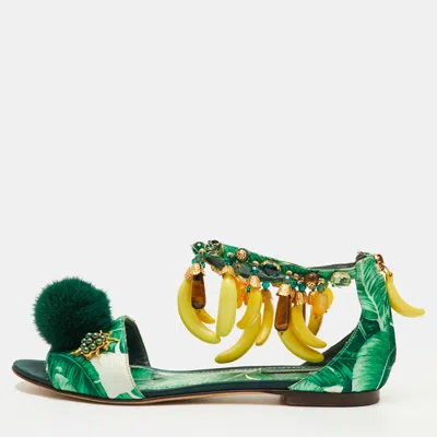 Pre-owned Dolce & Gabbana Size 38 Green Mink Fur And Satin Banana Leaf Ankle Strap Flat Sandals