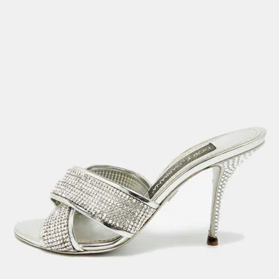 Pre-owned Dolce & Gabbana Size 38 Silver Crystals And Leather Criss-cross Slide Sandals