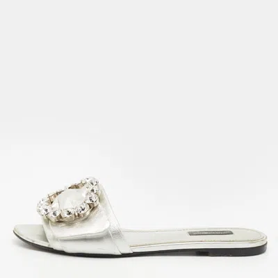 Pre-owned Dolce & Gabbana Size 38 Silver Leather Flat Slides