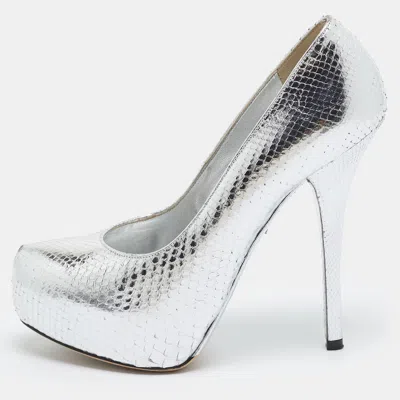 Pre-owned Dolce & Gabbana Size 38 Silver Python Embossed Leather Platform Pumps