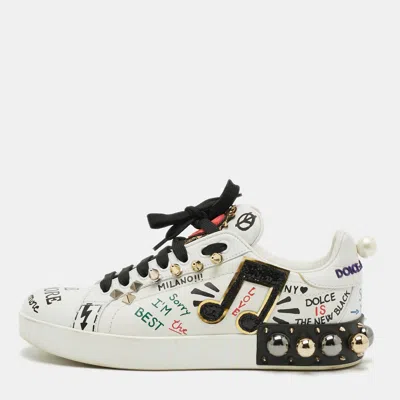 Pre-owned Dolce & Gabbana Size 38 White Leather Love Graffiti Printed Low Top Sneakers