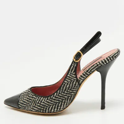 Pre-owned Dolce & Gabbana Size 38.5 Black/white Fabric And Patent Leather Slingback Pumps