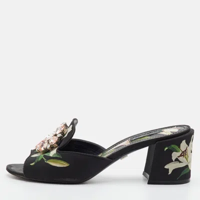 Pre-owned Dolce & Gabbana Size 38.5 Multicolor Lily Print Fabric Crystal Embellished Slide Sandals