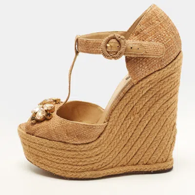 Pre-owned Dolce & Gabbana Size 39 Brown Raffia Crystal Embellished Wedge Pumps