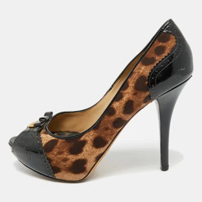 Pre-owned Dolce & Gabbana Size 39 Brown/black Leopard Print Canvas And Patent Leather Peep Toe Pumps
