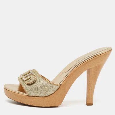 Pre-owned Dolce & Gabbana Size 39 Gold Glitter Crystal Embellished Dg Logo Platform Sandals