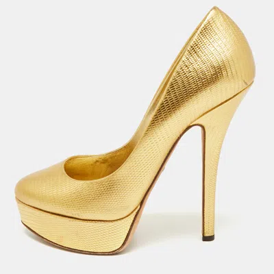 Pre-owned Dolce & Gabbana Size 39 Gold Lizard Embossed Leather Platform Pumps