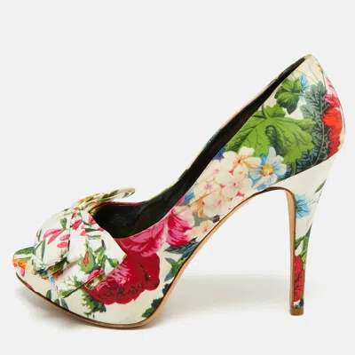 Pre-owned Dolce & Gabbana Size 39 Multicolor Flora Satin Bow Platform Peep Toe Pumps