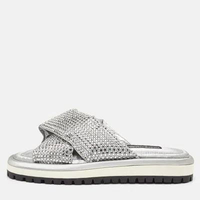 Pre-owned Dolce & Gabbana Size 39 Silver Metallic Fabric Crystal Embellished Slide Sandals