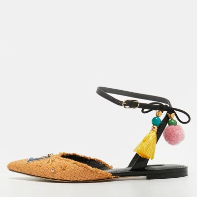 Pre-owned Dolce & Gabbana Size 39.5 Beige/black Canvas Slingback Flats In Sand