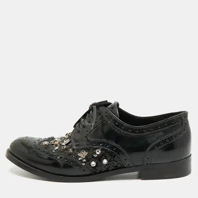 Pre-owned Dolce & Gabbana Size 39.5 Black Leather And Sequins Studded Brogue Lace Up Derby