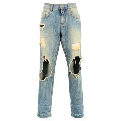 Pre-owned Dolce & Gabbana Size 4 Blue Cotton Distressed Boyfriend Jeans