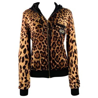 Pre-owned Dolce & Gabbana Size 4 Brown Black Satin Animal Print Zip Up Jacket