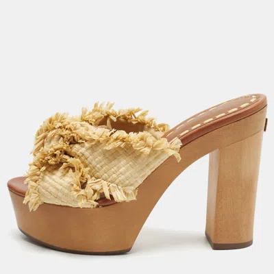 Pre-owned Dolce & Gabbana Size 40 Beige Raffia Knot Crossover Platform Slide Sandals