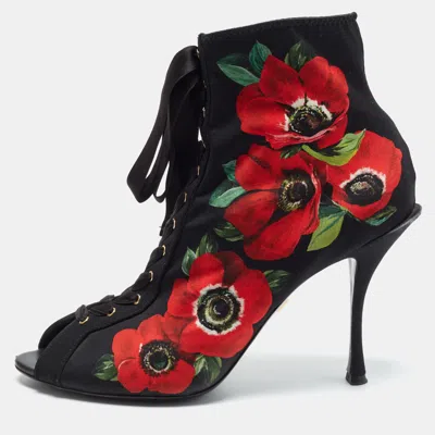 Pre-owned Dolce & Gabbana Size 40 Black Stretch Fabric Floral Embroidered Ankle Length Boots