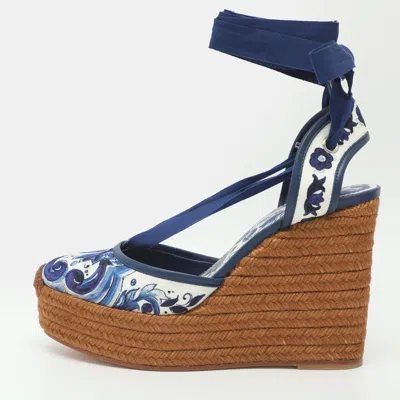 Pre-owned Dolce & Gabbana Size 40 Blue Majolica Printed Jacquard And Leather Espadrille Wedge Sandals