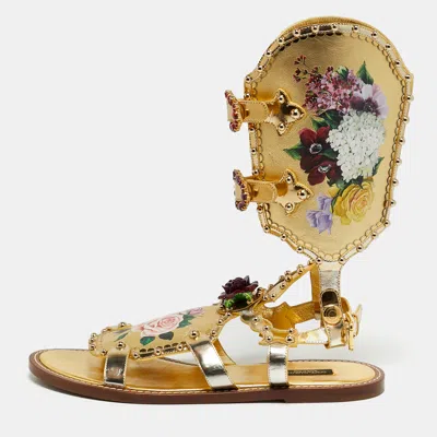 Pre-owned Dolce & Gabbana Size 40 Gold Leather Ankle Strap Slide Sandals