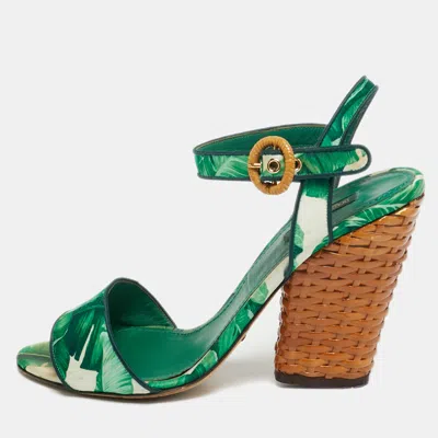 Pre-owned Dolce & Gabbana Size 40 Green Satin And Raffia Ankle Strap Sandals Sandals