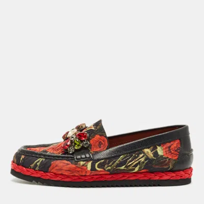 Pre-owned Dolce & Gabbana Size 40 Multicolor Brocade Fabric And Leather Crystal Embellished Loafers