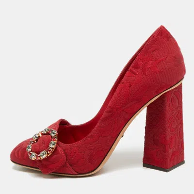Pre-owned Dolce & Gabbana Size 40 Red Brocade Fabric Crystal Embellished Block Heel Pumps
