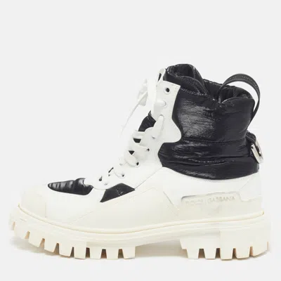 Pre-owned Dolce & Gabbana Size 40 White/black Leather And Nylon Combat Boots
