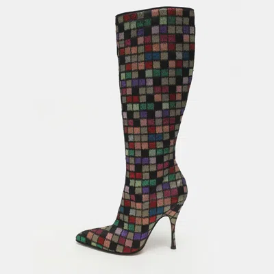 Pre-owned Dolce & Gabbana Size 40.5 Multicolor Elastane And Checkered Lamé Fabric Knee Length Boots