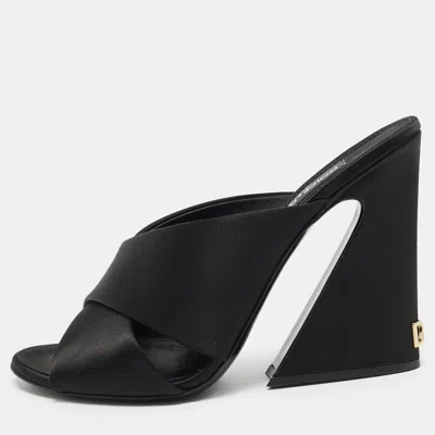 Pre-owned Dolce & Gabbana Size 41 Black Satin Criss-cross Block Heel Slide Sandals
