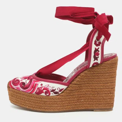 Pre-owned Dolce & Gabbana Size 41 Pink/whote Majolica Print Jacquard Wedge Espadrille Pumps